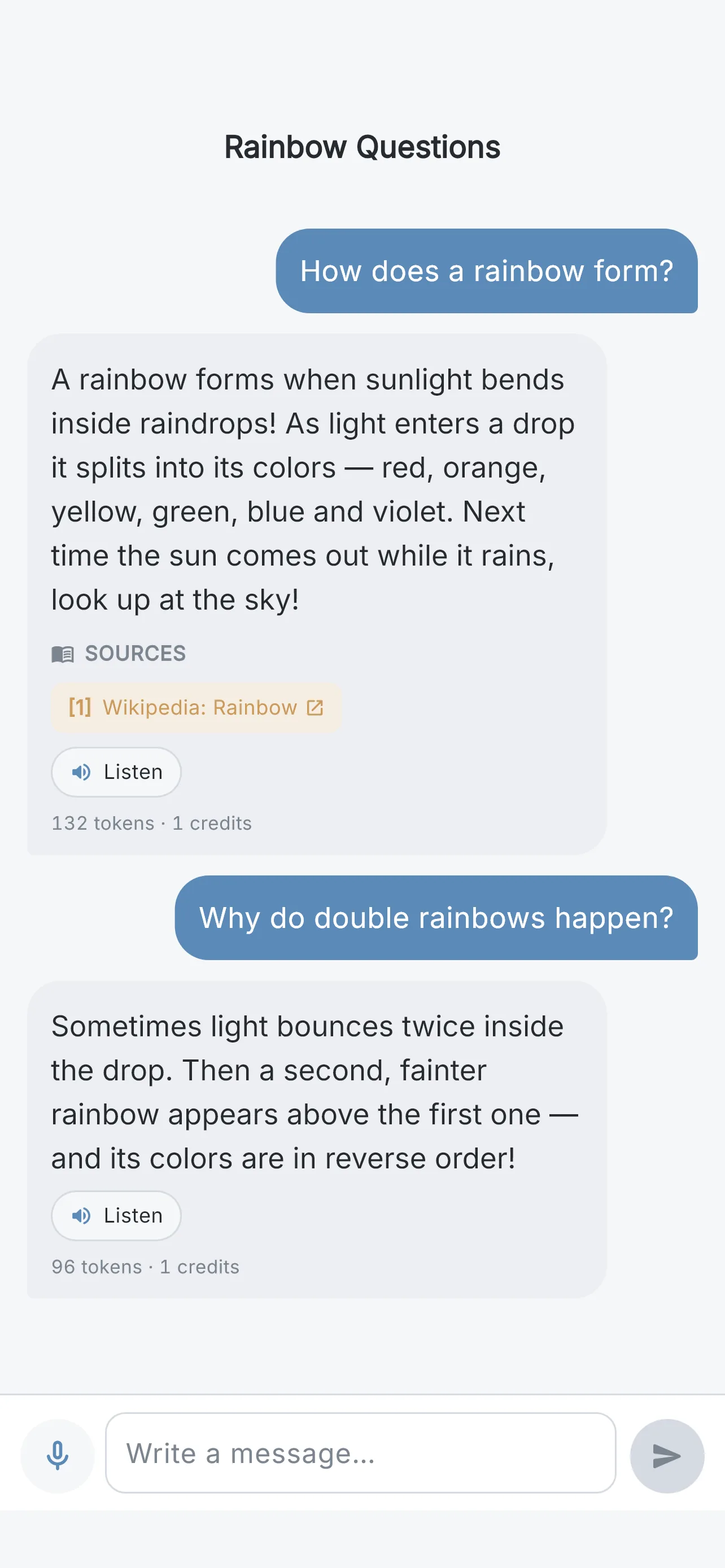 WisoraAI chat screen showing a child asking how rainbows form