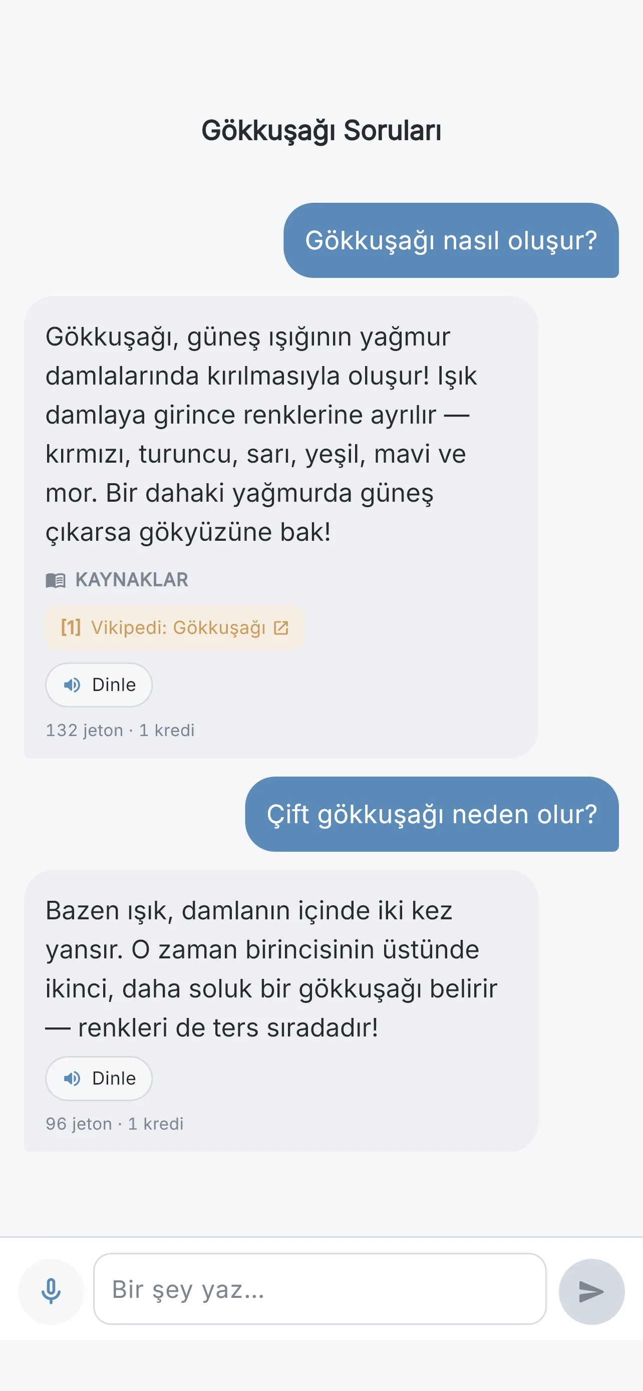 WisoraAI sohbet ekranında gökkuşağının nasıl oluştuğunu soran bir çocuk
