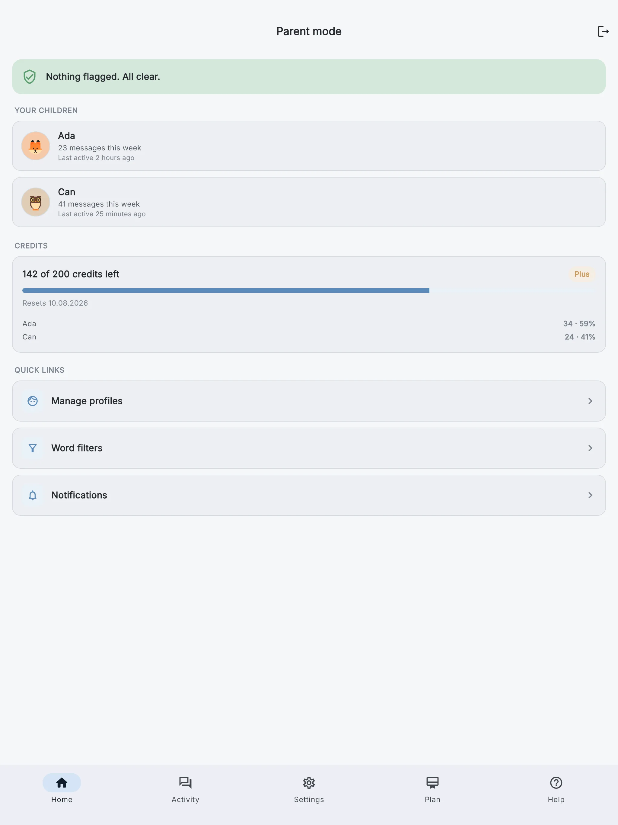 Parent dashboard on iPad