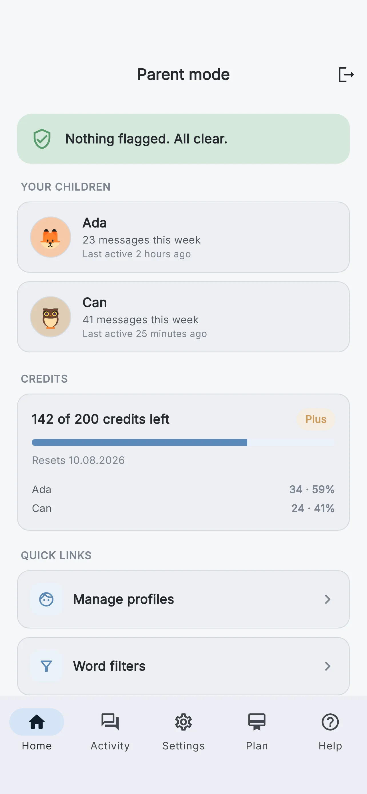 Parent dashboard with activity overview