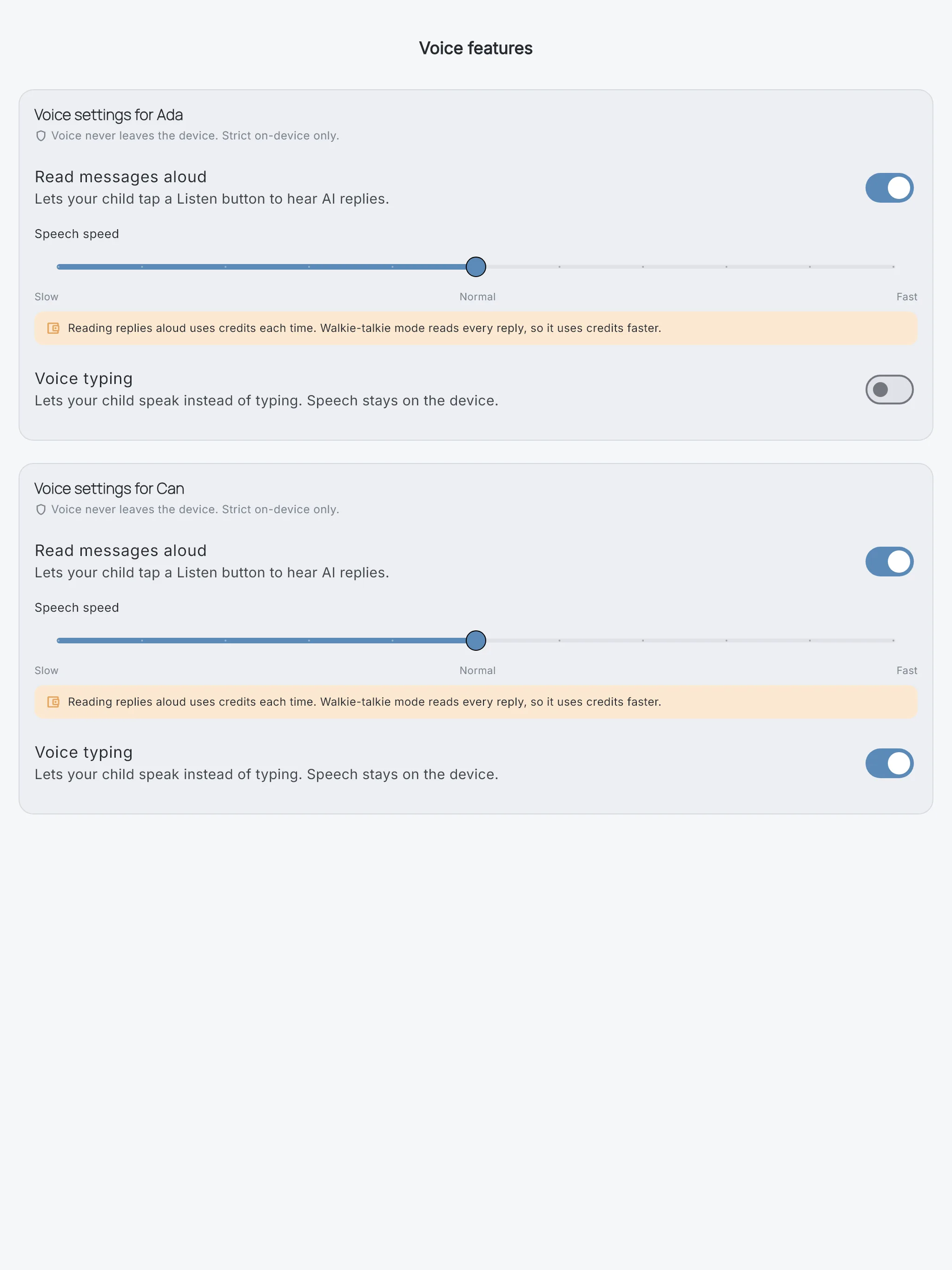 Per-child voice settings in the parent panel