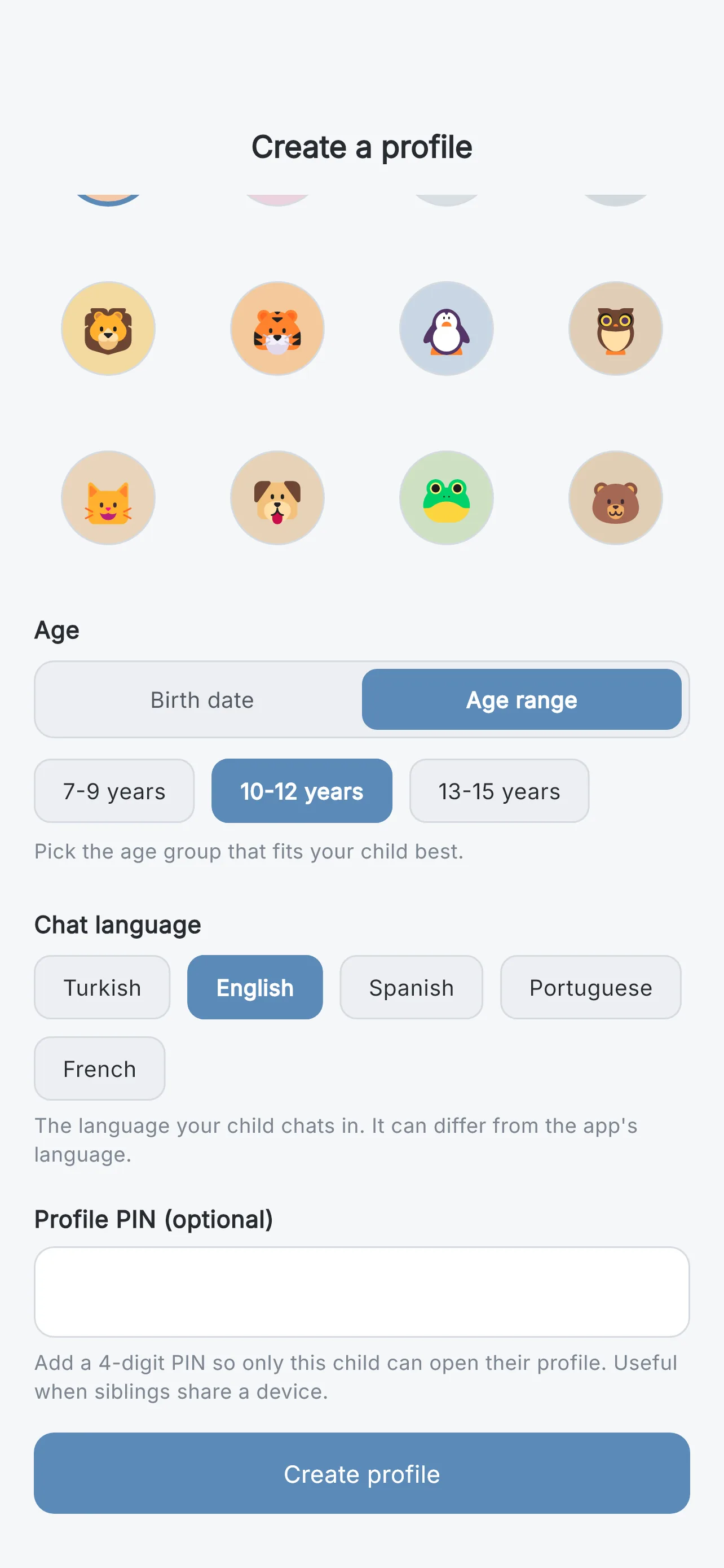 Child profile creation with age band