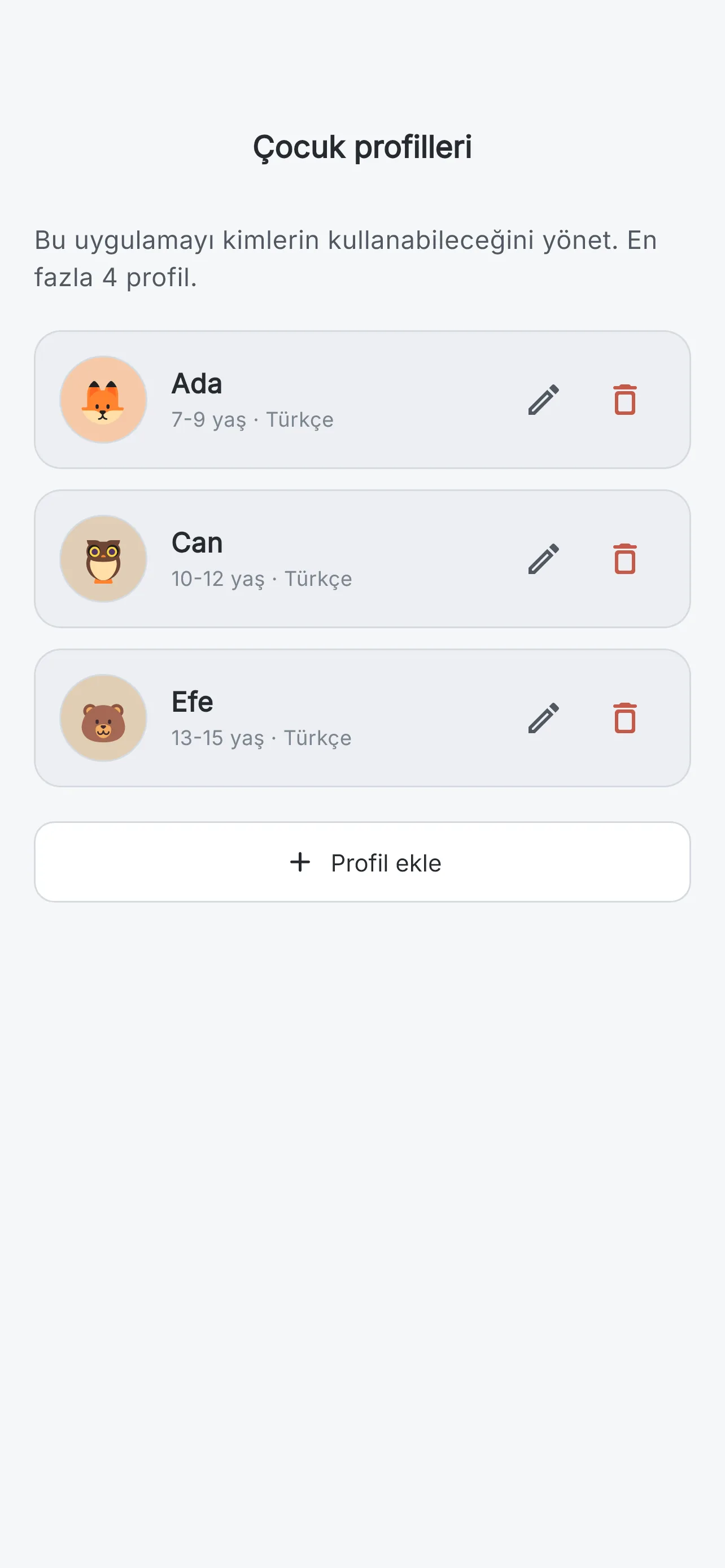 Tek hesapta birden fazla çocuk profili