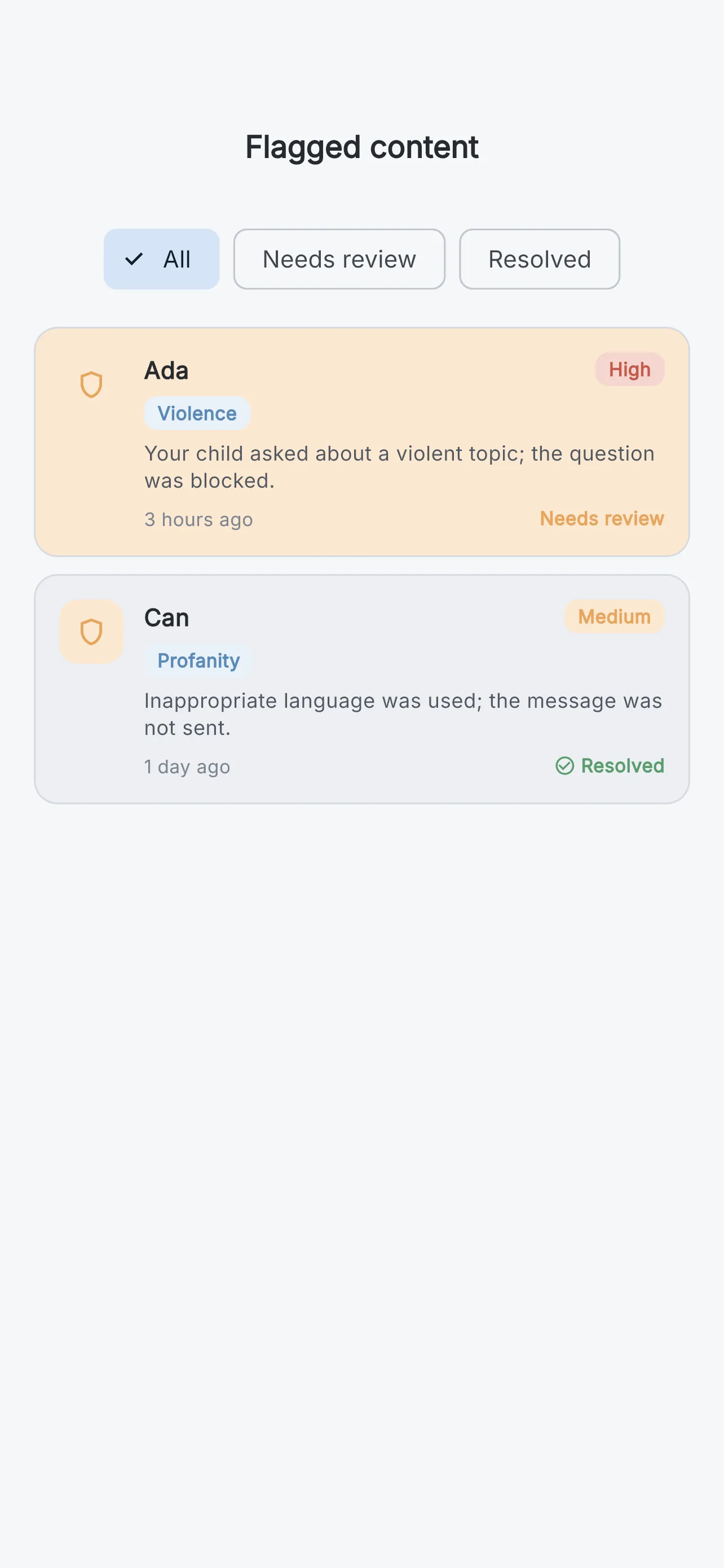 Flagged content list in the parent panel