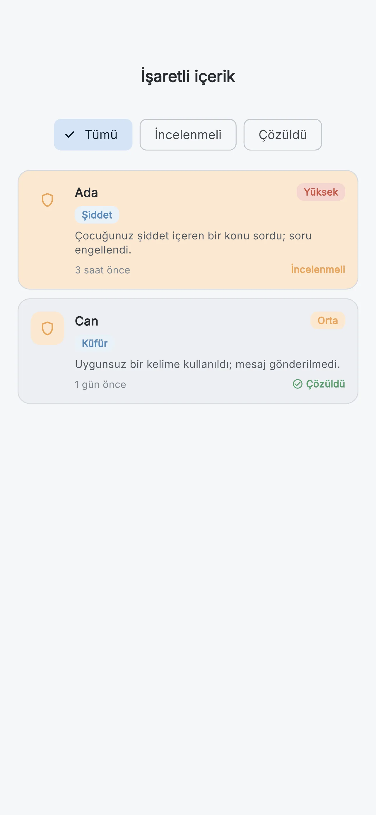 Ebeveyn panelindeki işaretli içerik listesi